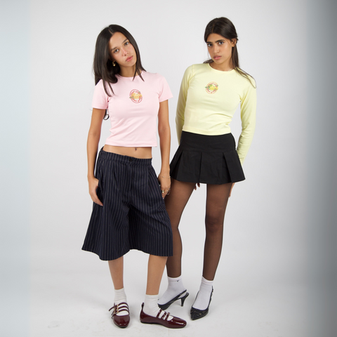 Sabah El lamoon Morning Market baby tee – in butter yellow with colorful silk-screen lemon front print, BTX x Nada Sultan