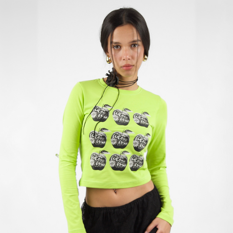 Sabah El Tofah Morning Market baby tee – in brat green with black silk-screen front print, BTX x Nada Sultan