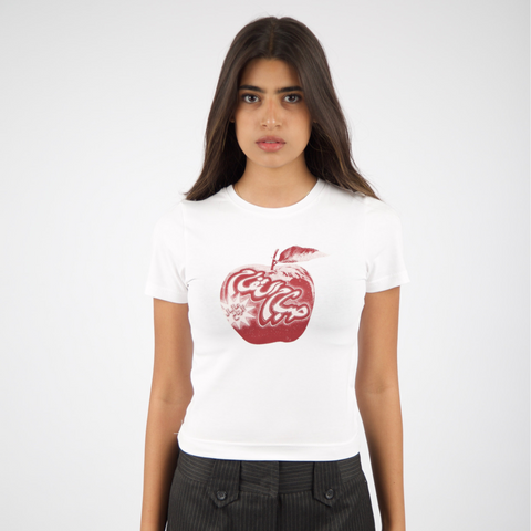 Sabah El tofah Morning Market baby tee – in white with burgundy silk-screen apple front print, BTX x Nada Sultan