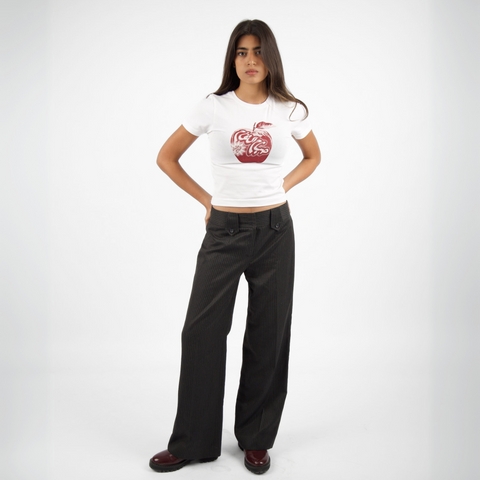 Sabah El tofah Morning Market baby tee – in white with burgundy silk-screen apple front print, BTX x Nada Sultan