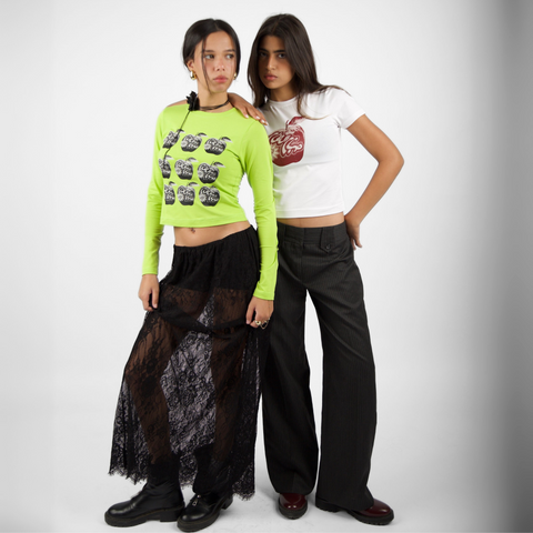 Sabah El tofah Morning Market baby tee – in white with burgundy silk-screen apple front print, BTX x Nada Sultan