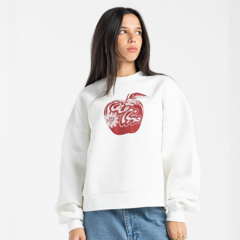 Sabah El Tofah Morning Market sweatshirt – white boxy cropped fit with burgundy silk-screen front print, BTX x Nada Sultan