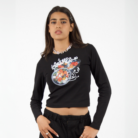 Sabah El torshy Morning Market baby tee – in black with colorful silk-screen pickles front print, BTX x Nada Sultan