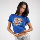 Sabah El torshy Morning Market baby tee – in blue with colorful silk-screen pickles front print, BTX x Nada Sultan