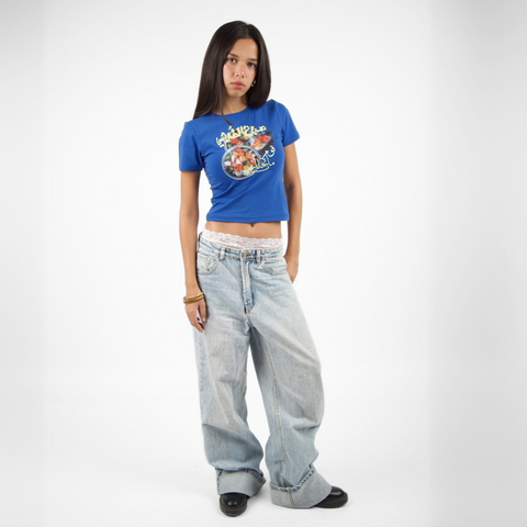 Sabah El torshy Morning Market baby tee – in blue with colorful silk-screen pickles front print, BTX x Nada Sultan