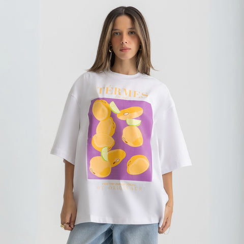 Oversized white t-shirt with bold Termes illustration, 100% cotton.