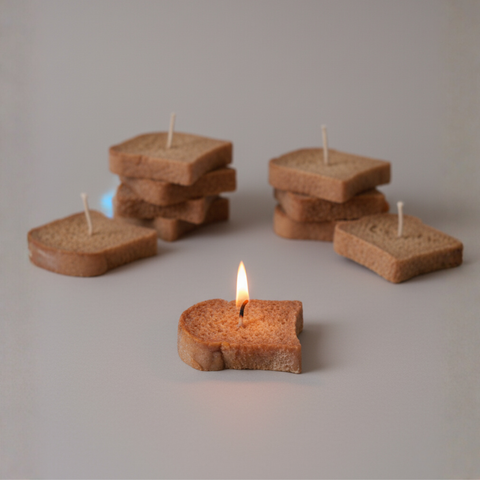 BROWNTOAST TOAST Candle — realistic handcrafted toast-shaped candle made from natural palm wax. Unscented decorative candle. Part of the Dopamine Decor lifestyle drop.