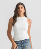 white ribbed basic tank top for women, front view showcasing fitted silhouette and minimal design.