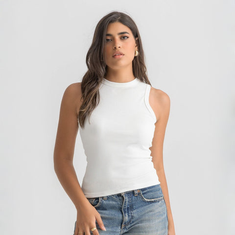 white ribbed basic tank top for women, front view showcasing fitted silhouette and minimal design.