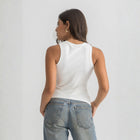 white ribbed basic tank top for women, back view showcasing fitted silhouette and minimal design.
